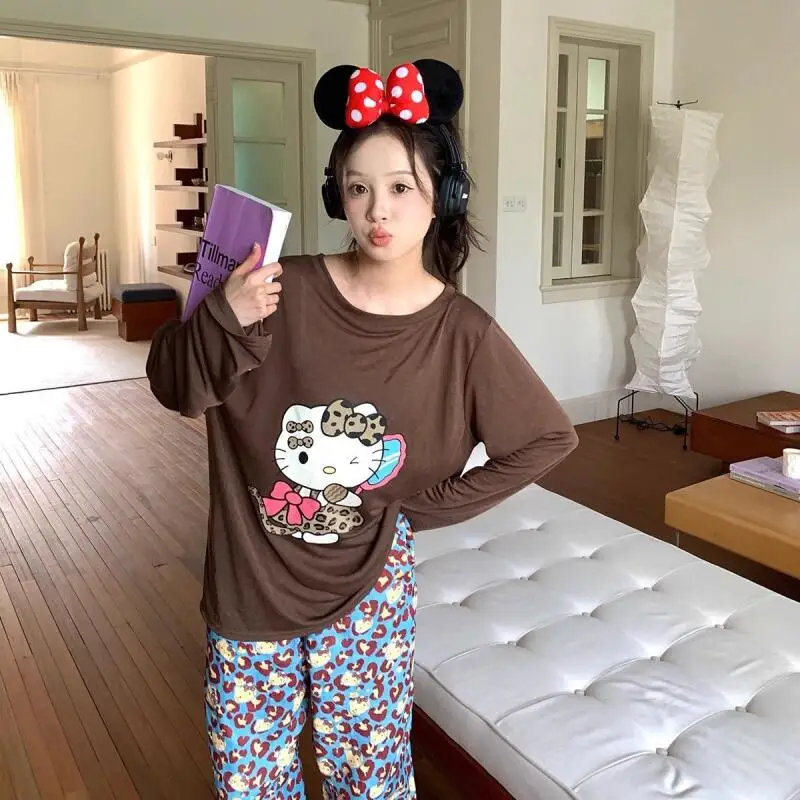 Sanrio nouveau pyjama mignon Hello Kitty imprimé léopard pyjamas fille printemps et automne Style manches longues ensemble maison vêtements pyjamas