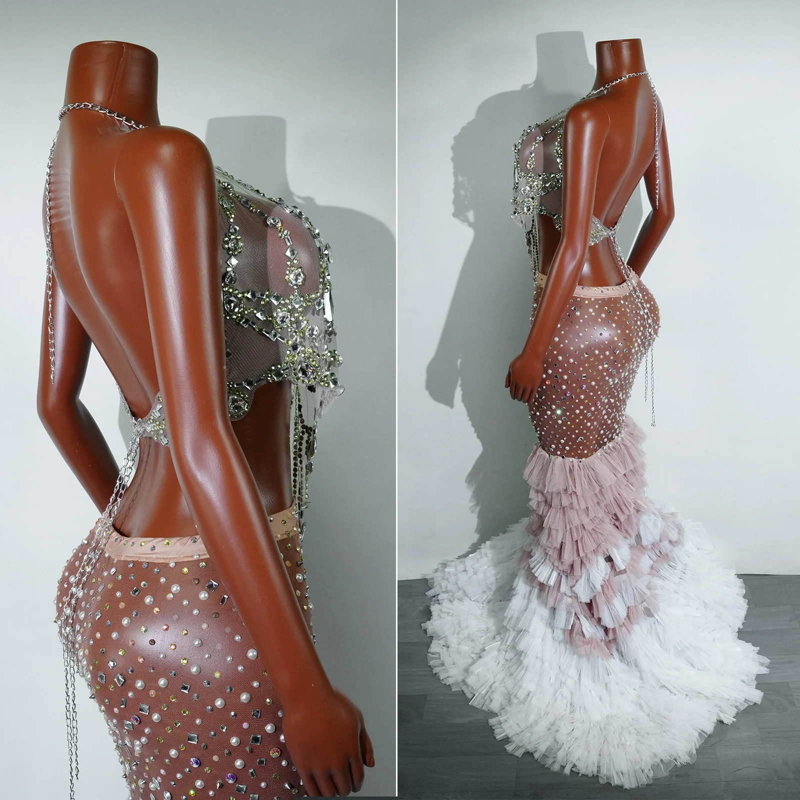 Glitter zilveren strass jurk 2-delig doorzichtig mesh kant vieren drag queen podiumkleding avondfeest zanger showkostuum