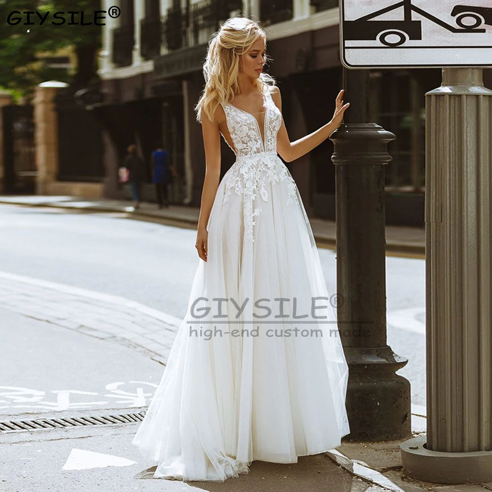 

GIYSILE Customized Ivory Boho Lace Wedding Dresses A Line Sleeveless Appliques Sexy V Neck Bridal Gowns Puff Tulle Wedding Gowns