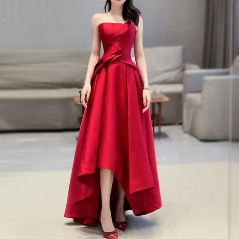 Customized Elegant Strapless Wedding Dress Slim Waist Red Temperament Prom Vestidos Luxury Pleat Robe 2024 Summer Chic Draped Dr