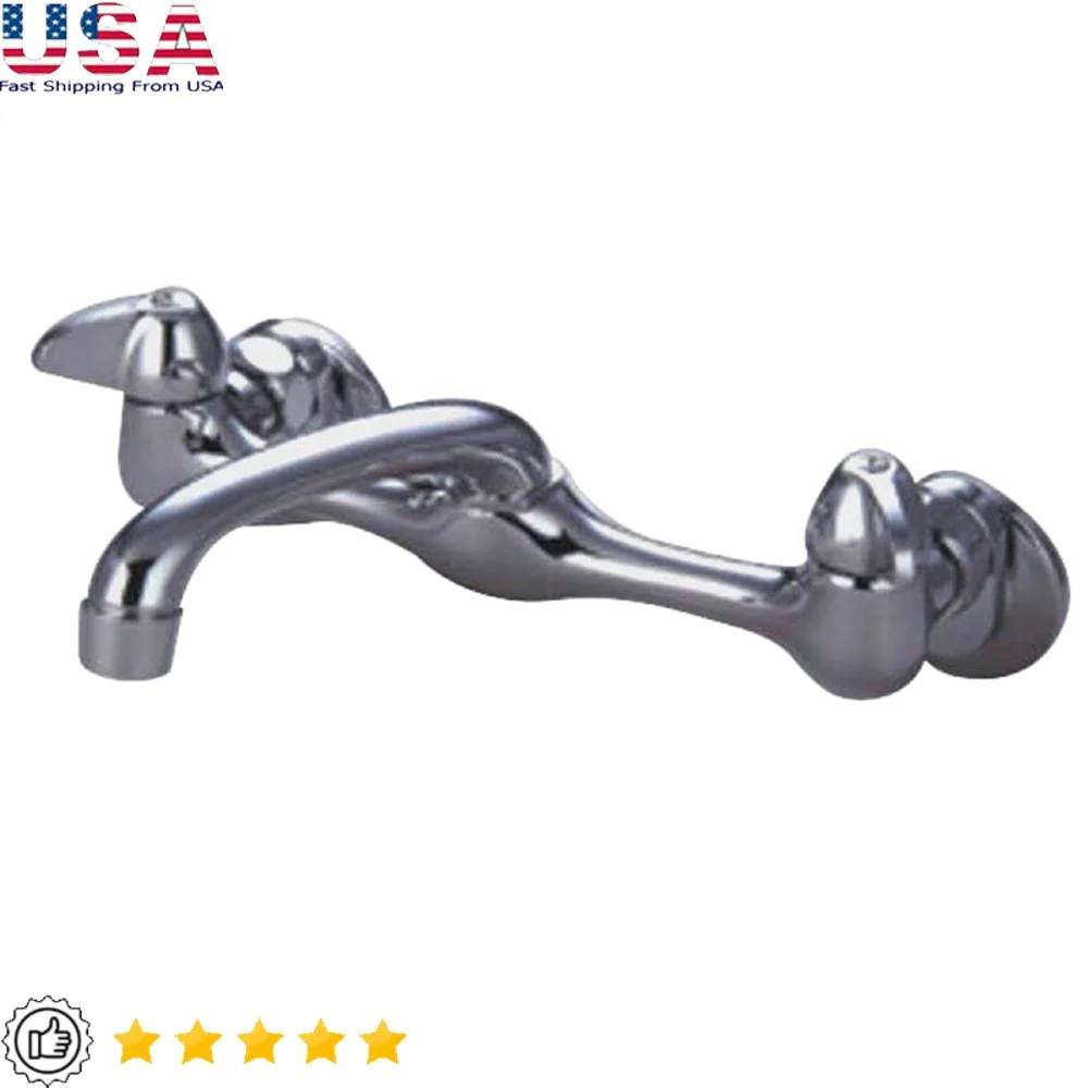 

Polished Chrome Double-Handle Wall-Mount Kitchen Faucet 2-Hole Installation Solid Brass Adjustable Spout Low-Arc Design
