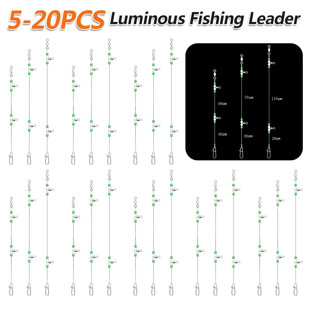 5/20PCS Night Glow Fishing Leaders Fishing Front Guide Line with Swivels and Snaps 360 Degree Rotating for Saltwater Freshwater