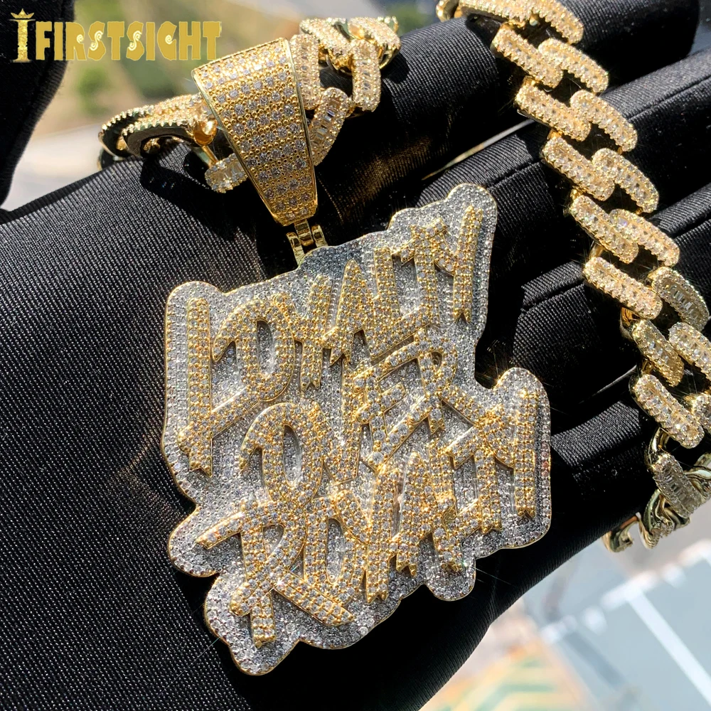 New Iced Out Bling CZ Letter Loyalty Over Royalty Pendant Necklace Cubic Zirconia Two Tone Color Charm Men Women Hip Hop Jewelry