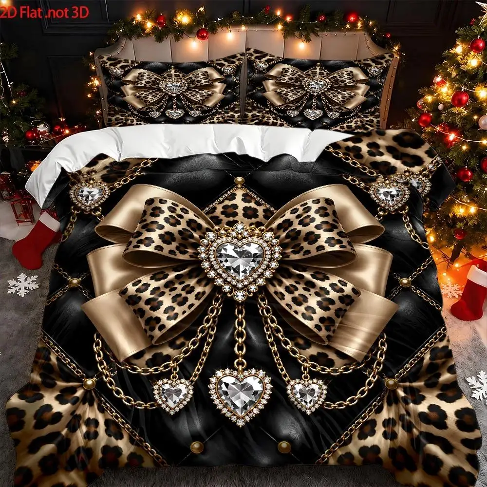 Leopard Print Heart-Shaped Diamond Bow Theme Luxury Jewelry Print Bedding Set 2D Flat Printed Duvet Cover Set, Machine Washable, Invisible Zipper, Large Duvet Cover Set, Bedding Set, Quilt Cover