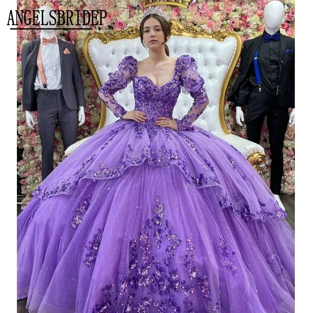 فساتين ANGELSBRIDEP لامعة مطرز بالخرز وأكمام طويلة من Vestidos De 15 Años بريق تول رسمي للحفلات الراقصة أميرة عيد ميلاد