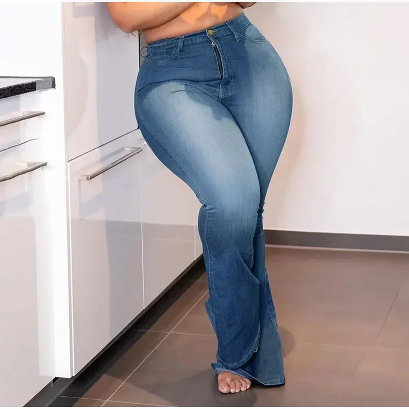 Plus Size White Blue Stretchy Flare Jean Women 5XL High Waist Wide Leg Vintage Bell Bottom Denim Pants Mom Indie Stacked Jeans