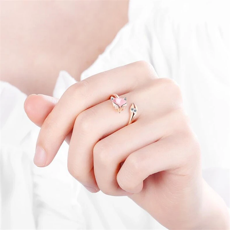 Sole Memory Fox Cute Romantic Color Opal 925 Sterling Silver Female Resizable Opening Rings RI590