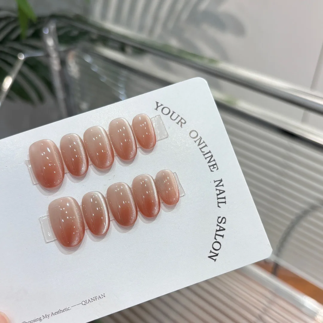 Ongles courts ovales faits à la main, violet foncé, avec fleur, strass brillant, Design œil de chat, ongles de rêve, couverture complète amovible, à pression, 10 pièces