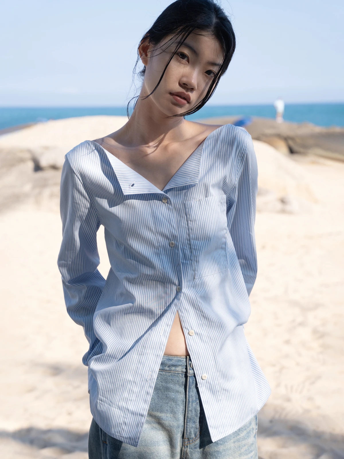 

JATPIT: Модная женская блузка из чистого хлопка с полосатым дизайном, на одно плечо, с длинным рукавом, для повседневной носки, удобная и дышащая