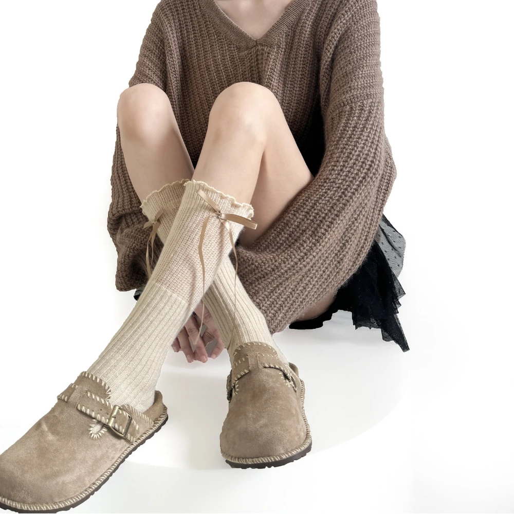 2026 Autumn Sweet Ruffle Socks Women Knitted Splicing Bow Streamer Calf Socks JK College Style Lolita Medium Tube Socks Stocking