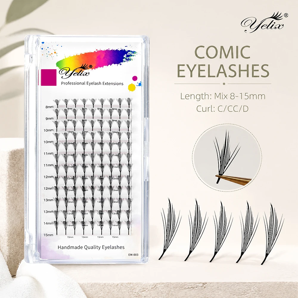 Yelix Comic Eyelash Extensions Fluffy Wispy False Lashes Volume Premade Lash Clusters Kit Natural Cat Eye Easy Graft