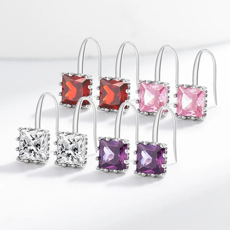 

French Exquisite Square Colored Zircon Earrings High-end Light Luxury Women's Jewelry