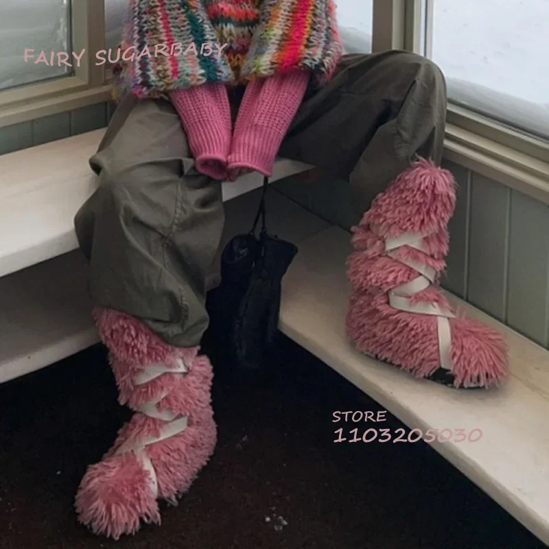 الجلد المدبوغ حزام أبيض وردي طويل الفراء هدية أحذية الفتيات الشتاء الدانتيل الركبة الجوارب اللون الأسود حذاء الثلج المسطح أفخم النساء الربيع تنوعا #4