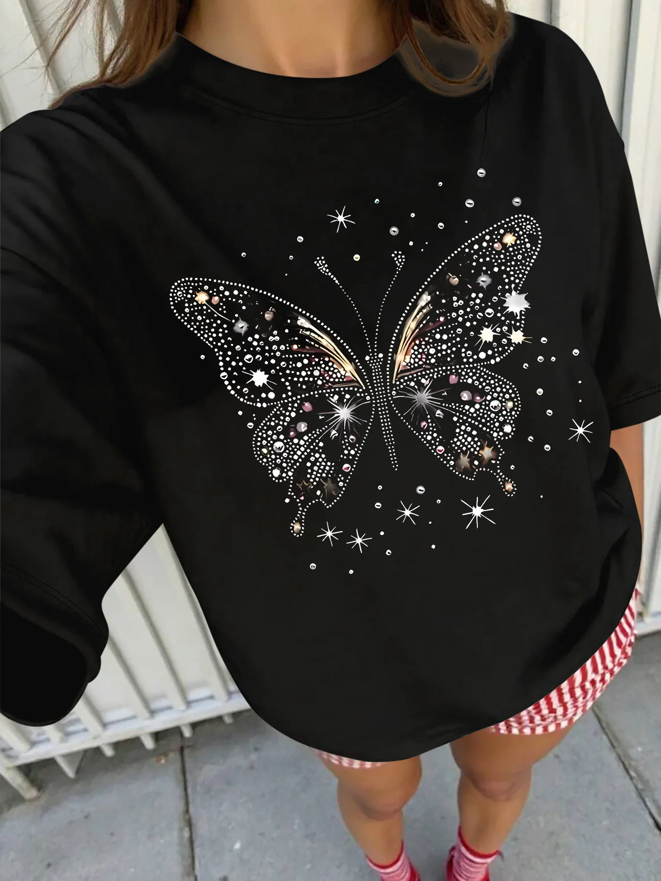 Plus - Size Rhinestone Butterfly Graphic Tee, Six Colour Short - Sleeve