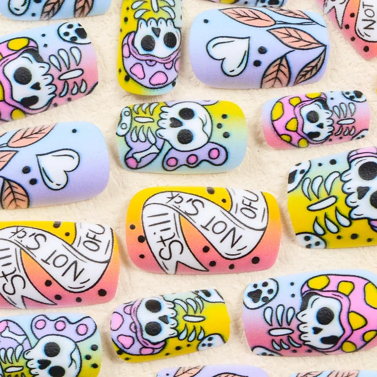 24-Piece Halloween Press On Nails Set-Mixed Color System Short Square Shape Matte Finish with Skull and Holiday Elements Design