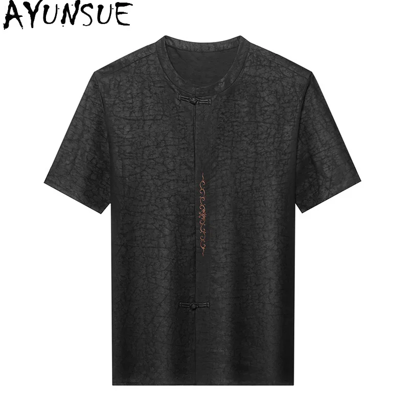 AYUNSUE 100% Mulberry Silk Shirts for Men Short-sleeved Men's Shirts Fashion Casual Stand-up Collar Gauze Silk Man Shirt рубашка