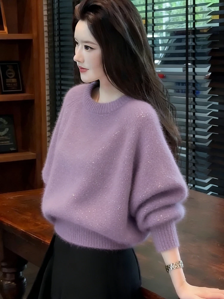 

Уникальный вязаный свитер с блестками, круглый вырез, свободный крой, зимний, женский, модный, удобный, дышащий, с длинными рукавами, повседневный топ