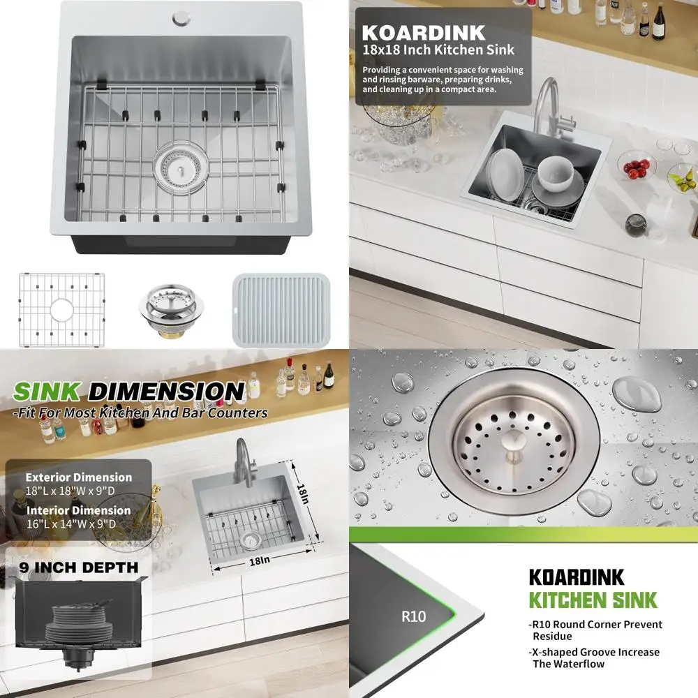 

Modern Drop-In Stainless Steel 18x18 Inch Single Bowl Kitchen and Bar Sink Combo with Grid and Silicon Mat for Small Spaces