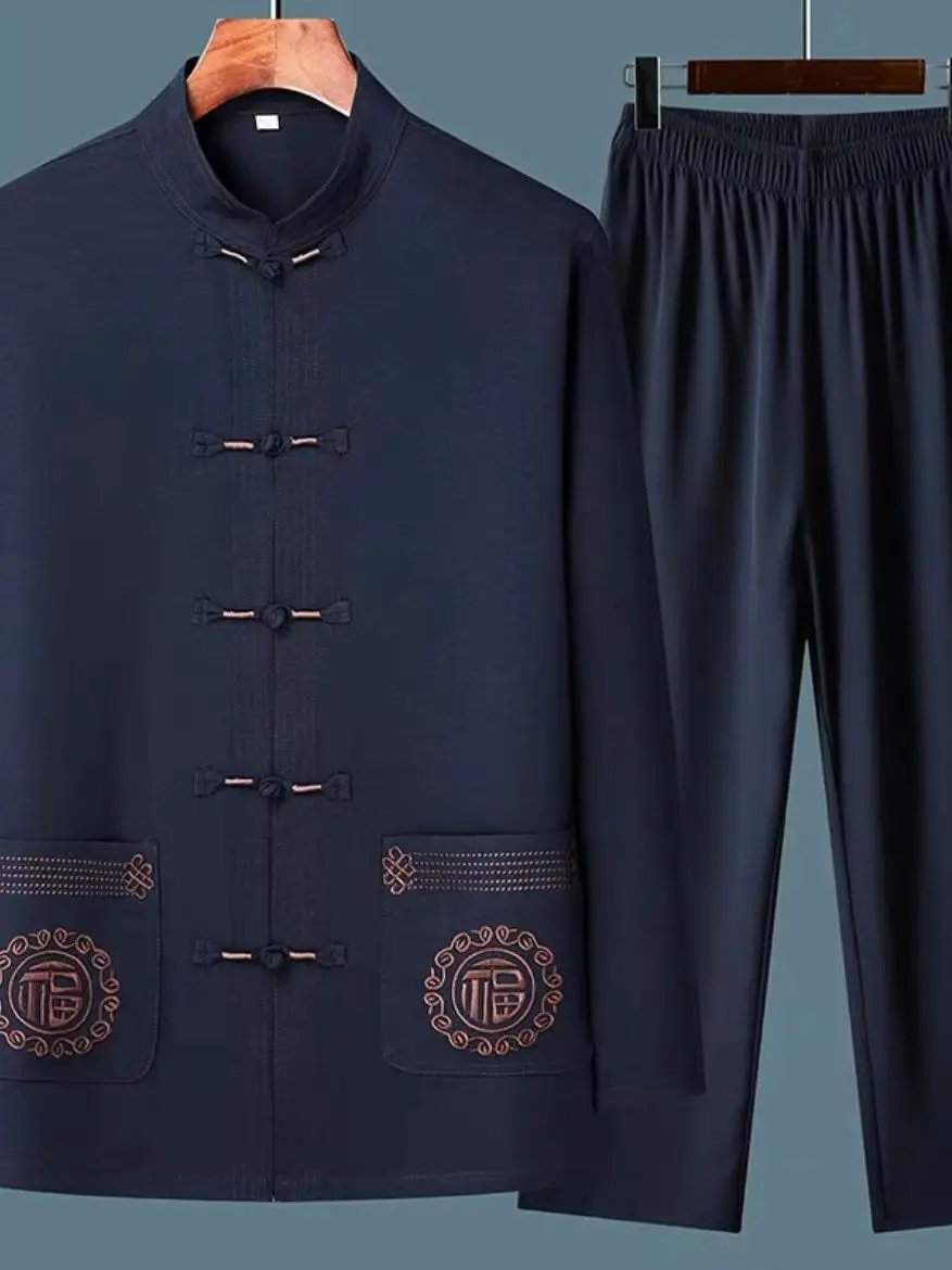 Men's Long Sleeve Ice Silk Tang Suit Autumn Wear for Middle-Aged And Elderly Morning Exercise Traditional Chinese Style Grand...