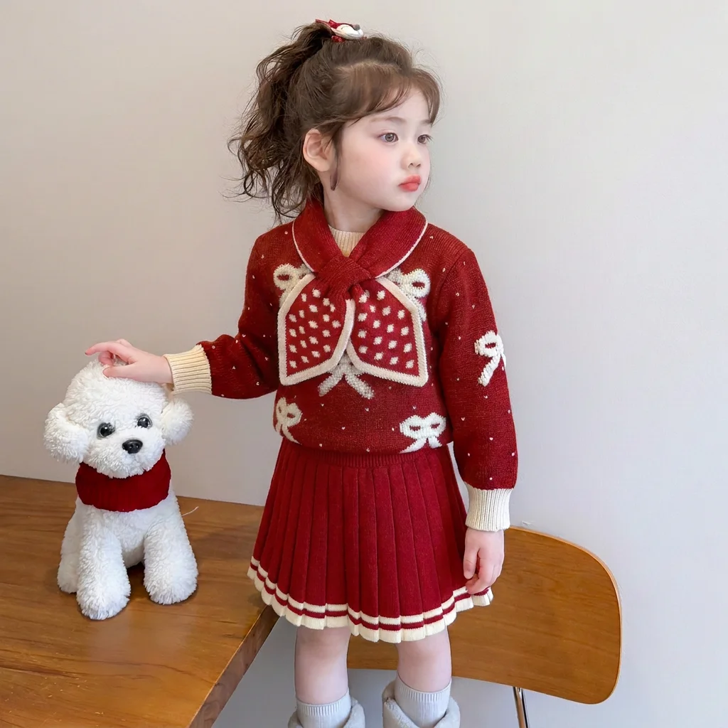 Mädchen-Freizeit-Strickanzug mit Schleifenkragen, bedrucktem Pullover und farblich abgesetztem Faltenrock, zweiteiliges Set, Herbst und Winter Neuheit