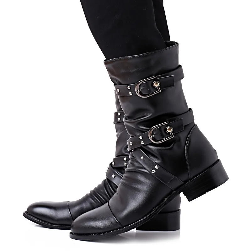 Men's Boots Pointed Toe Mid-calf Boots Winter Black Punk Rock Shoes Fashion Motorcycle Boots Leather Buckle Strap Chelsea Boot