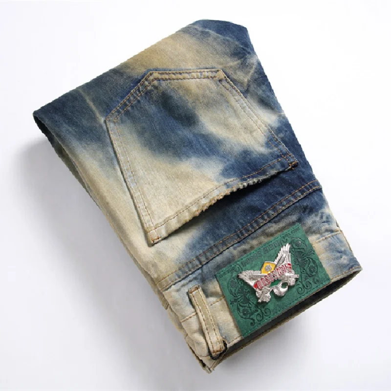 2024new men's fashion trendy vintage jeans men's slim stretch ripped light straight-leg motorcycle trousers