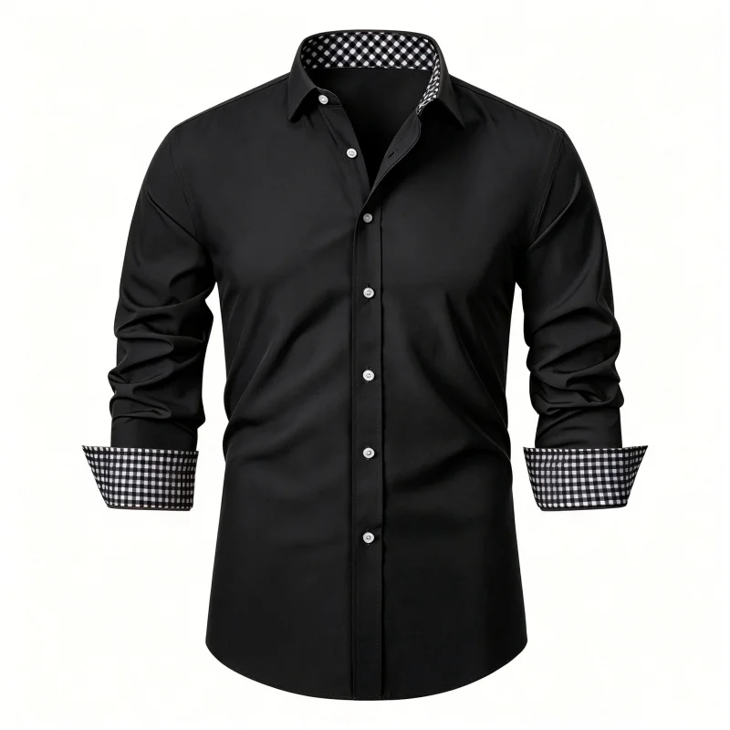Men's black long sleeved lapel shirt with black and white checkered contrasting splicing shirt, slim fit business casual top