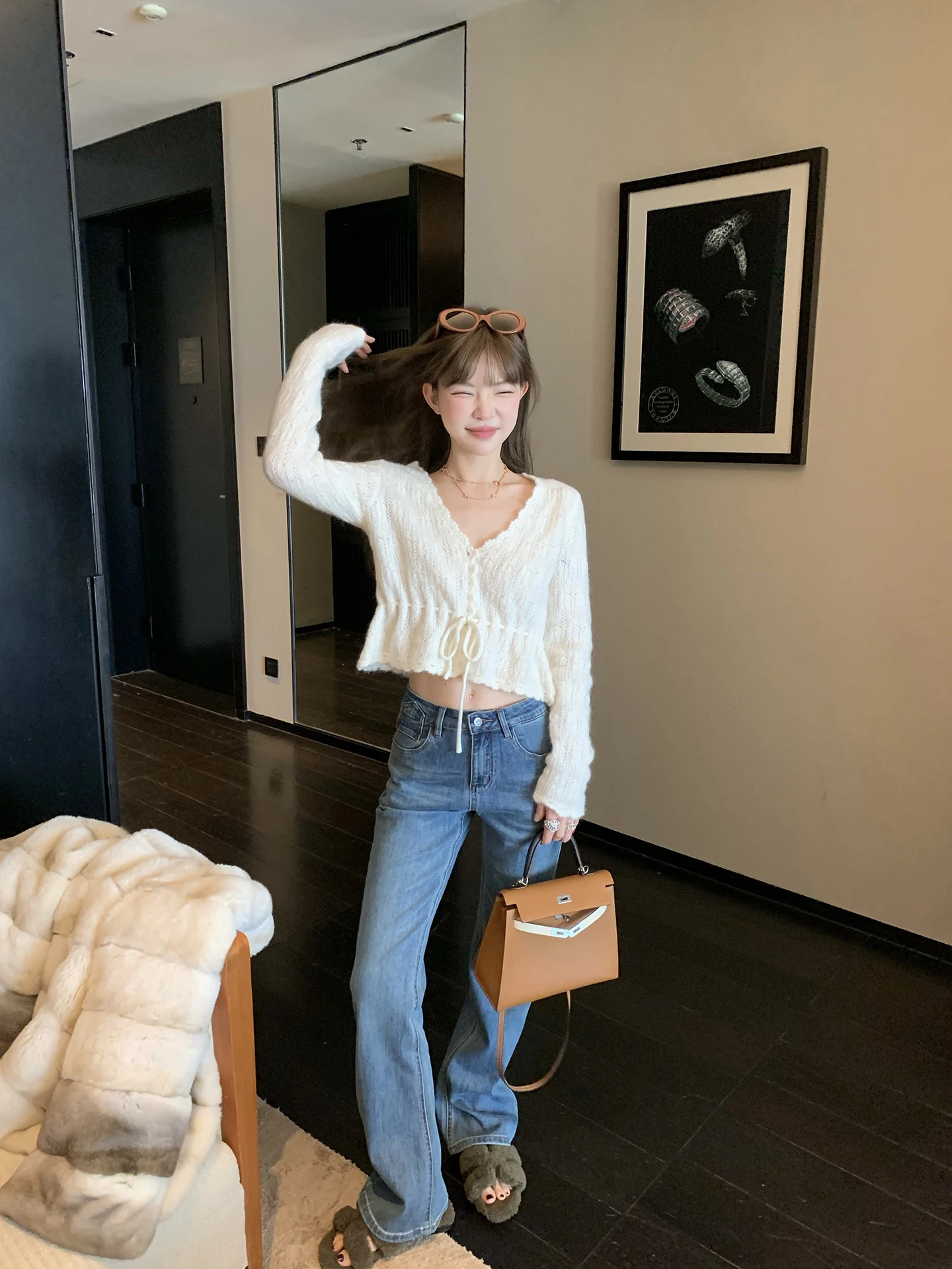 

Ретро-джинсы Cherioaban с меховой отделкой, модельные, с четырехсторонним стрейчем, с объемной вышивкой, расклешенные, из смесового хлопка, для зимы, повседневные