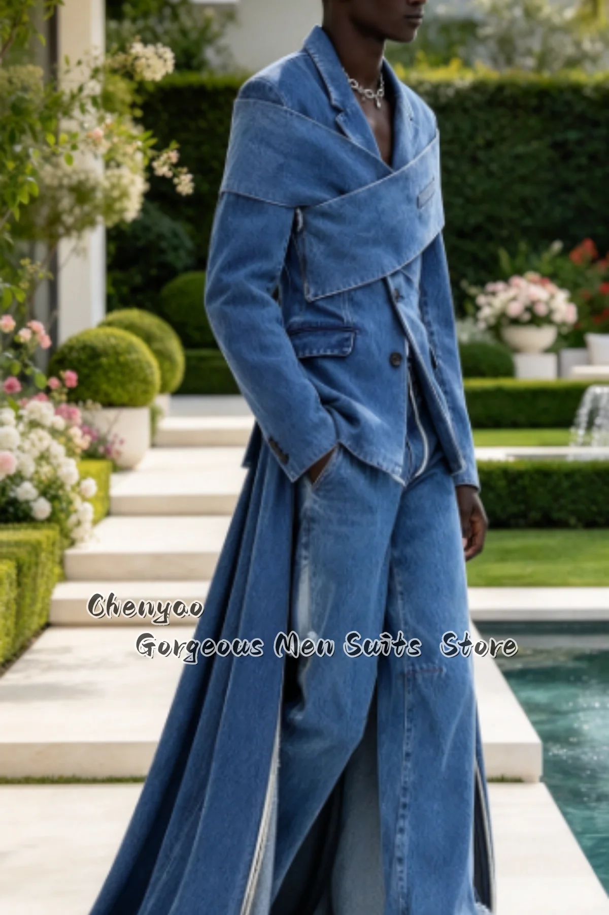 Fashion Denim Suit Asymmetric Cross Strap Blazer Split Wide Leg Pants Men Suit Customized Fashion Runway Groom Tuxedos 2 Pieces