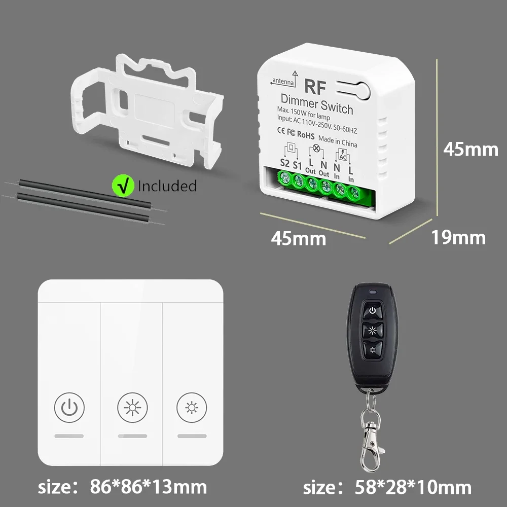 AC110V 220V wireless dimmer switch light brightness adjustable RF433mhz remote control supports 2-way LED halogen light Dimming