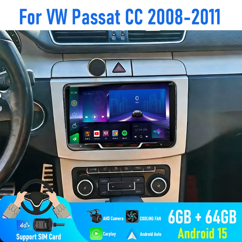 9'' For VW Passat CC 2008-2011 Car Radio 4G SIM Carplay Android 15 Auto GPS Steering wheel control Navi Camera Google Map 2DIN