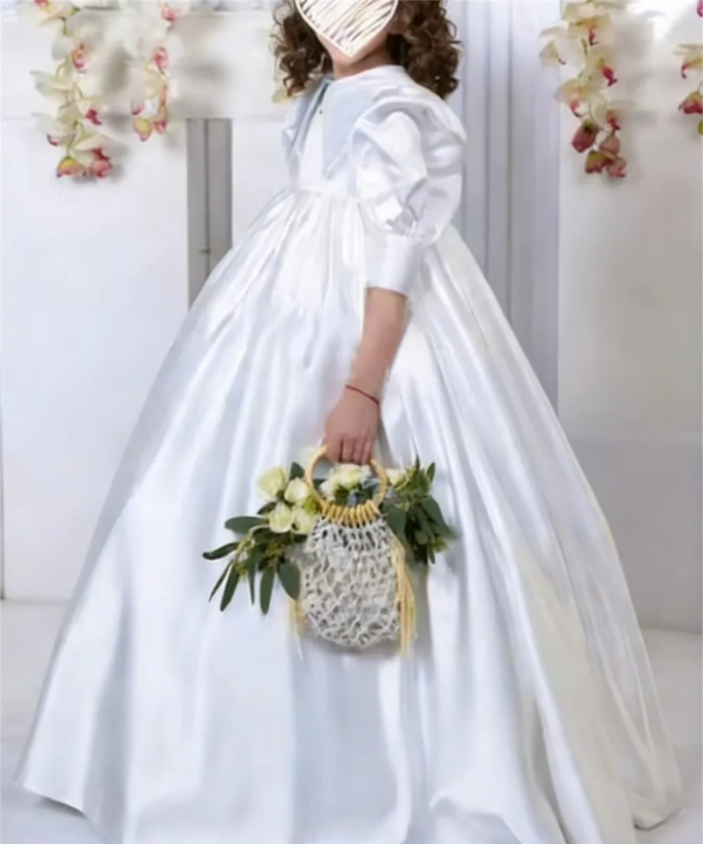 

Customized Elegant Satin Flower Girl Dress For Wedding Doll Collar Puffy Sleeves Kids Birthday Party Dress First Communion Gown
