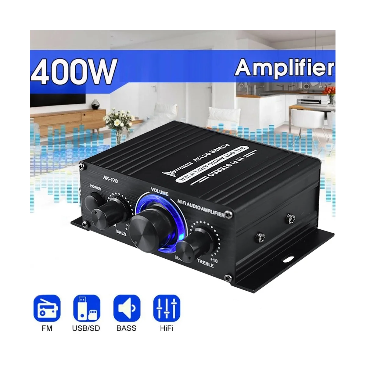 AK-170 Audio Power Amplifier Wireless HiFi Stereo Audio Power Amplifier 200W+200W with RCA Input Home Car Amplifier