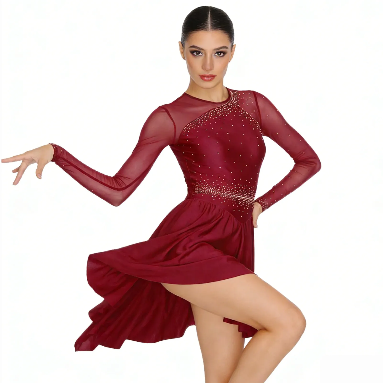 

Womens Rhythmic Gymnastics Artistic Figure Ice Skating Ballet Jersey Dance Costume Glittery Rhinestones Lyrical Dance Dresses