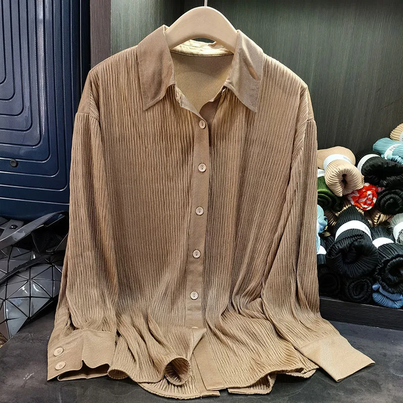 

Miyake плиссированная рубашка Senior Sense с воротником-поло, однотонная рубашка, женская весенняя легкая роскошная свободная рубашка с длинными рукавами 202, женская