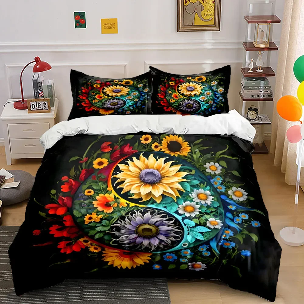 Floral Yin Yang Art Set Soft Comfortable Duvet Cover Bedding Set Included 1*Duvet Cover & 2*Pillowcases, gift