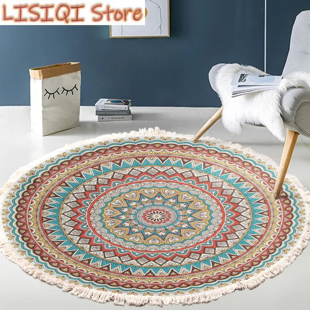 

Hand Woven Cotton Linen Carpet Retro Bohemian Round Bedside Geometric Floor Mat Living Room Home Decor Boho Mandala Tassel Rug