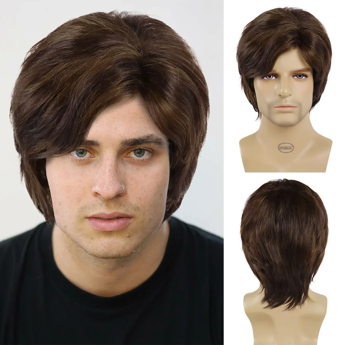 GNIMEGIL Synthetic Brown Mix Blonde Highlight Wig for Man Short Straight Hair Wig with Side Bangs Mullet Head Wig Daily Cosplay