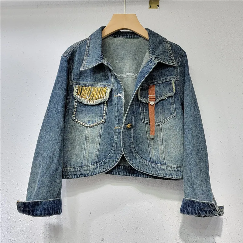 

European Station 2023 Autumn New Heavy Industry Beaded Denim Short Jacket Women's Loose and Skinny Irregular Jacket Top