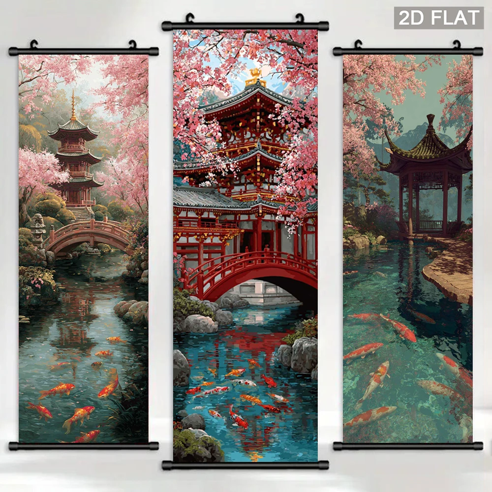 VIKAMA Japanese Cherry Blossom Koi Pond Scroll Tapestry, Sakura Fabric Poster, Wall Hanging Art for Bedroom Living Room Decor