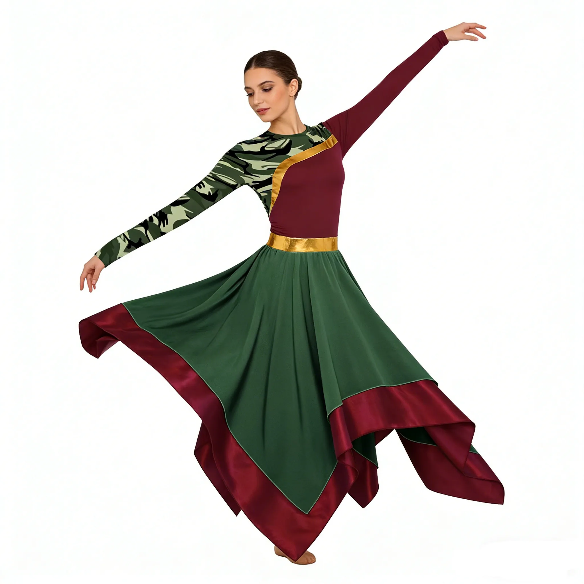 Women Liturgical Lyrical Dance Dress Metallic Shiny Printed Zipper Tunic Gown Church Choir Worship Praise Performance Dancewear