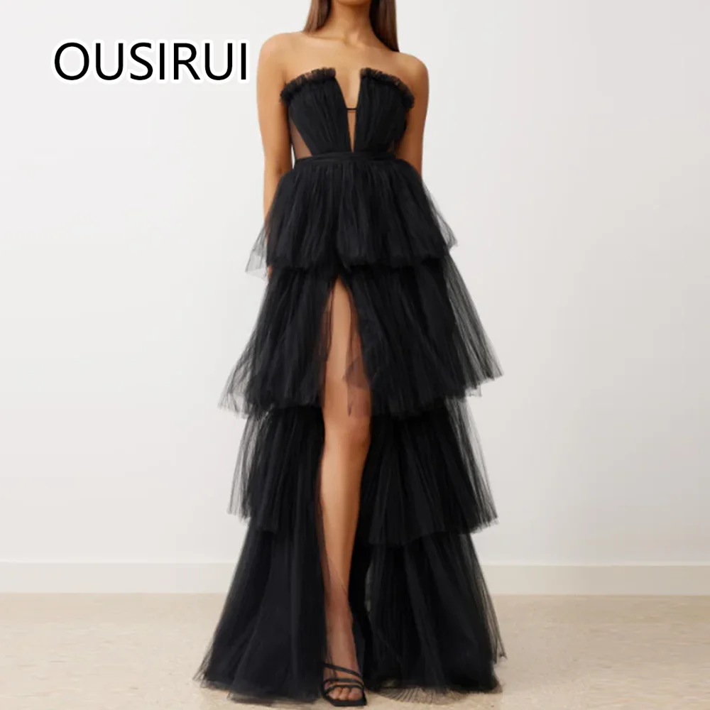 Luxury Boat Collr Tulle Tiered Evening Party Dress A-line Side Split Backless Court Celebrity Gown for Women Custom Made