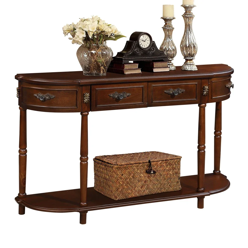 

Retro Curved Wood Console Table, 52 inch Circular Half Moon Sofa Table with Open Shelf and 2 Drawers, Solid Wood Entry Table for