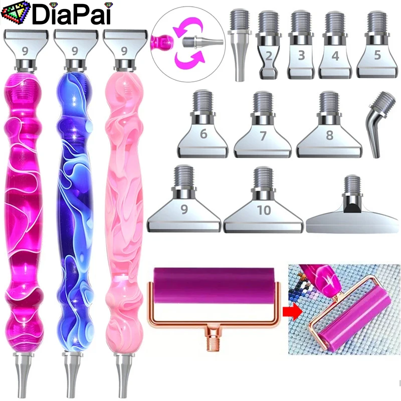 DIAPAI （14pcs） Gourd Pen Shaped + 12pcs Silvery Diamond Bits + 1pcs Roller + 1pcs Pen Threaded Diamond Painting Dotting Tool Set