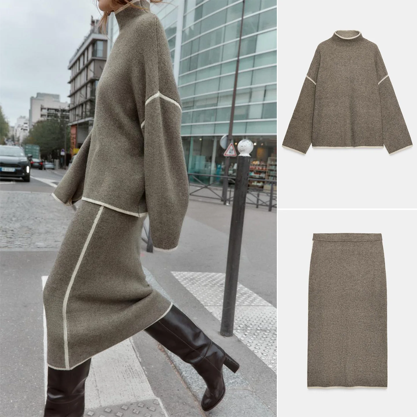 Długi sweter z golfem, blokowy wzór, dzianinowy, prosty krój, spódnica midi, dwuczęściowy zestaw, wysoki stan, jednolity kolor, jesień...