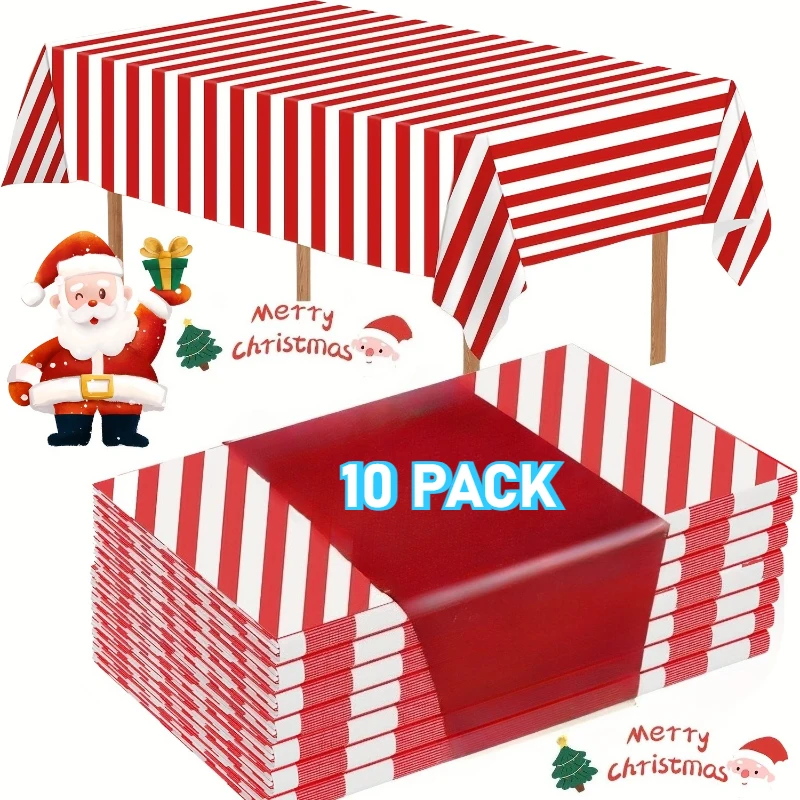 

10pcs Red White Striped Christmas Tablecloths Large Rectangular Plastic Table Cover Christmas Table Decoration Festive Table Set