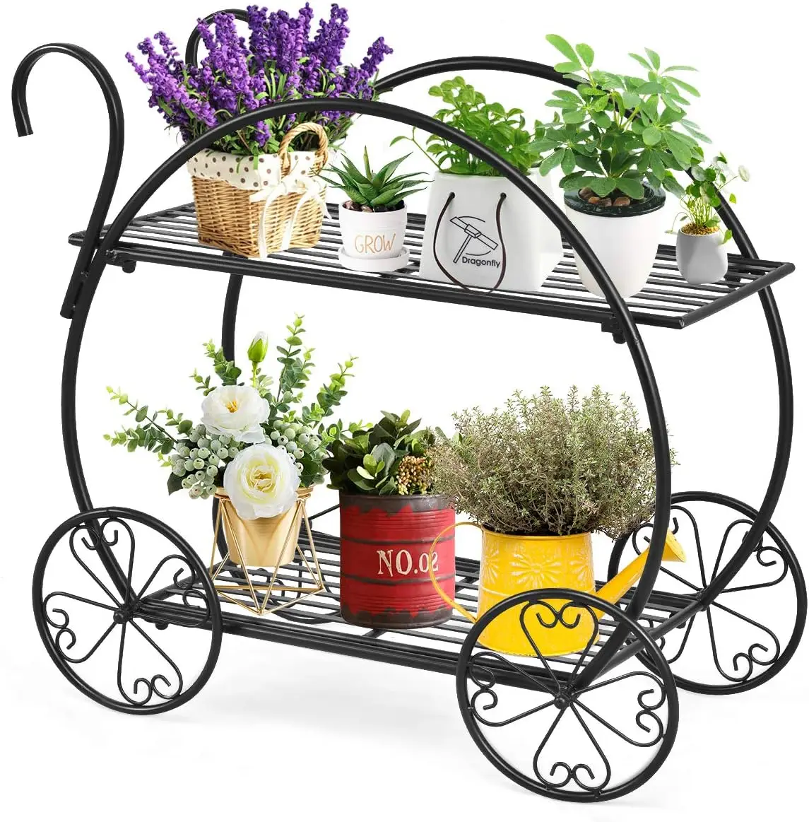 

Garden Cart Metal Plant Stand with 4 Decorative Wheels, Succulent Collection Flower Pot Holder Display Shelf for Home Patio