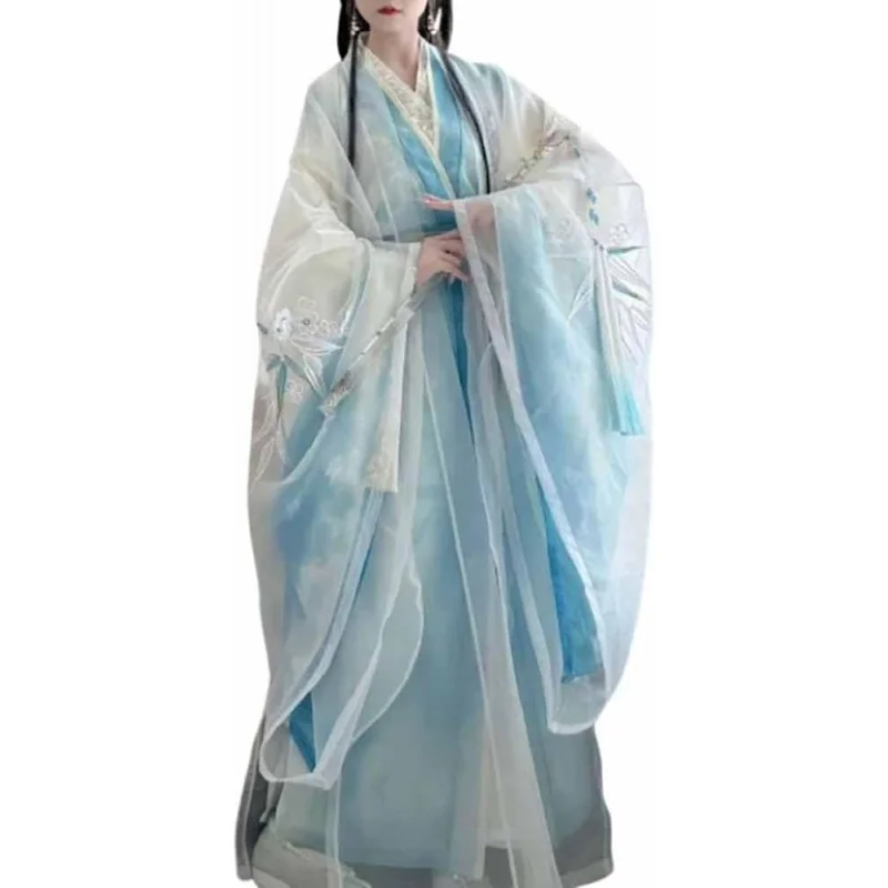 

Plus Size 8XL Hanfu Dress Women Chinese Tang Suit Blue White Embroidered Hanfu Cosplay Costume