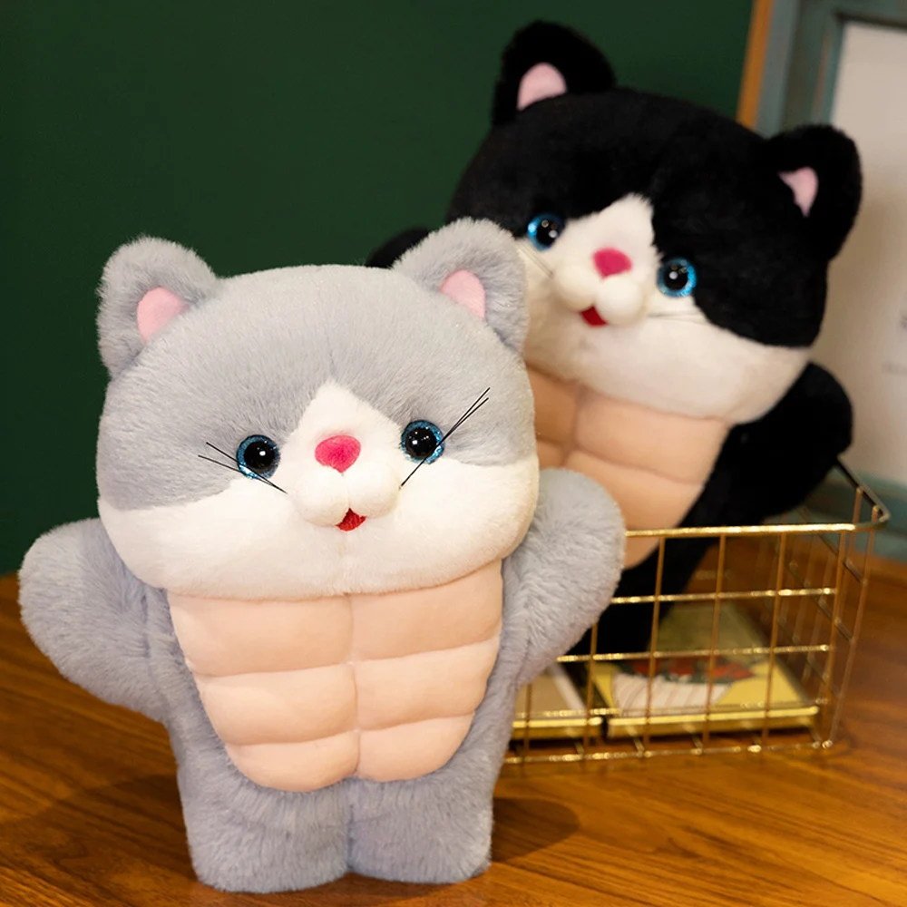 Black Cat Stuffed Animal With Muscles Gym Fitness Body Building Kitty Cat Plush Toys Working Out Grey Cat Soft Dolls Fun Gifts