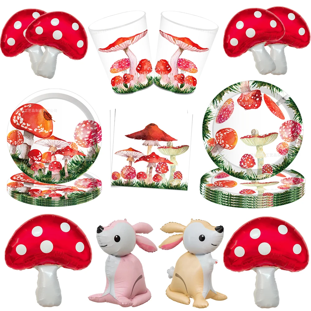 Mushroom Themed Disposable Tableware Paper Plates Napkins Cups Mushroom Balloon Baby Shower Jungle Safari Birthday Party Supplie